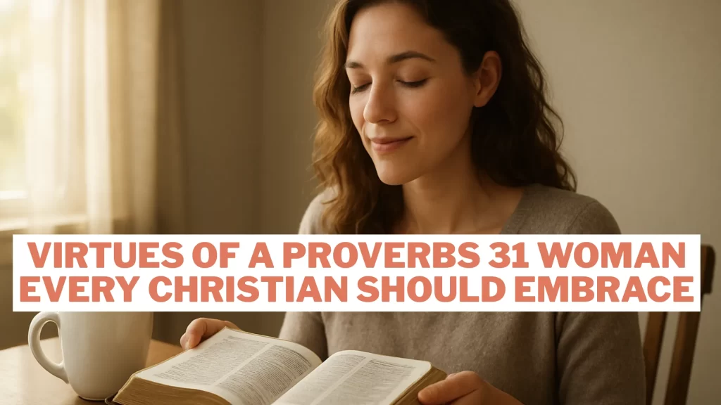 10 Virtues of a Proverbs 31 Woman Every Christian Should Embrace 1 A serene woman reading her Bible in the morning light, with a cup of coffee nearby, with overlay text: Virtues of a Proverbs 31 Woman Every Christian Should Embrace