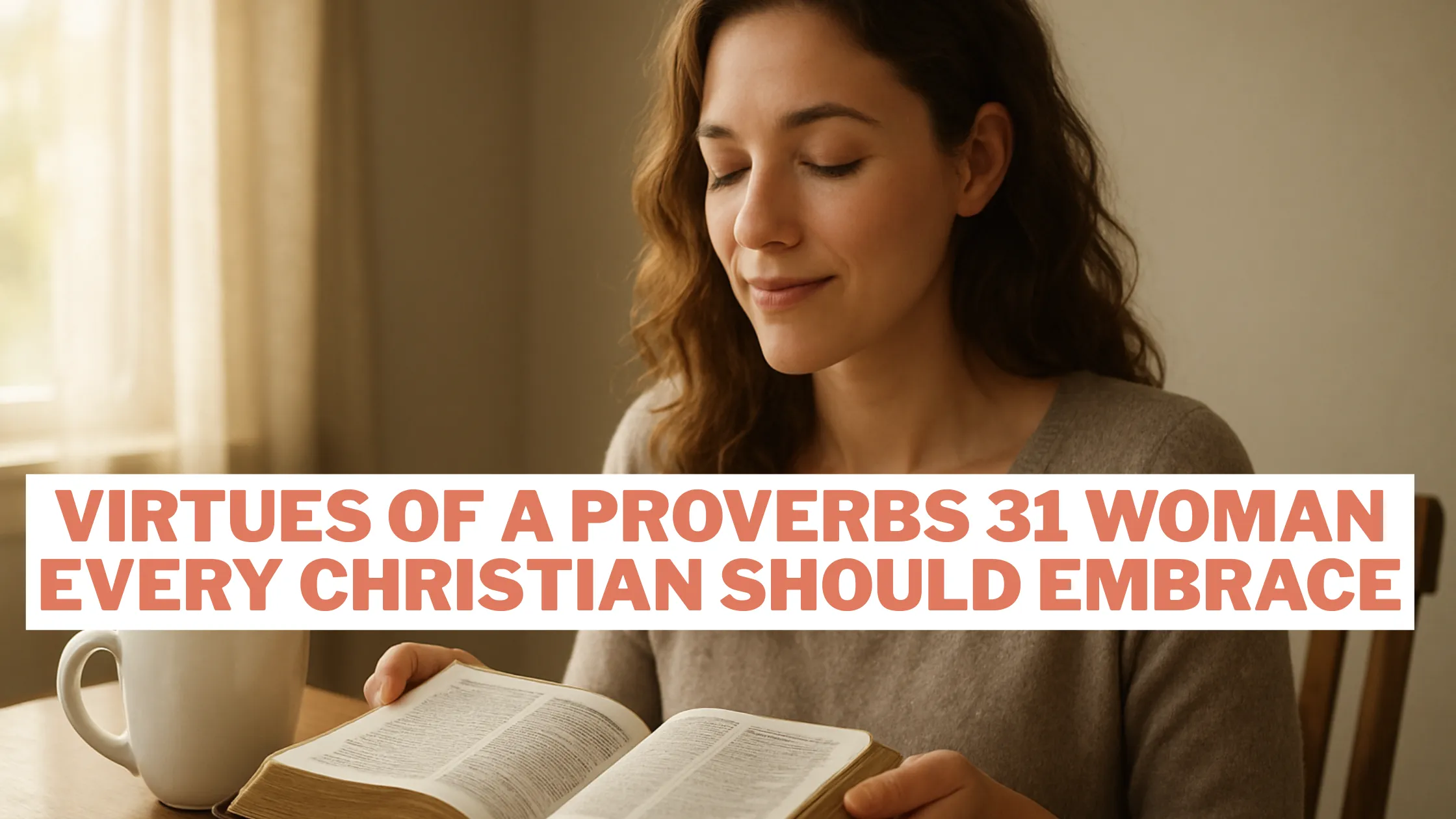 10 Virtues of a Proverbs 31 Woman Every Christian Should Embrace 2 A serene woman reading her Bible in the morning light, with a cup of coffee nearby, with overlay text: Virtues of a Proverbs 31 Woman Every Christian Should Embrace